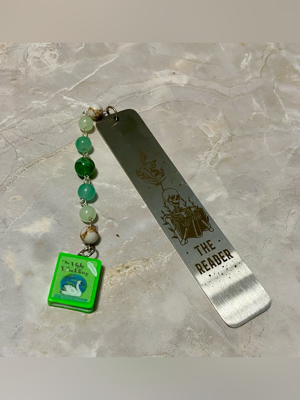 Hand Crafted Green Beaded Metal Bookmark with Reader Engraving